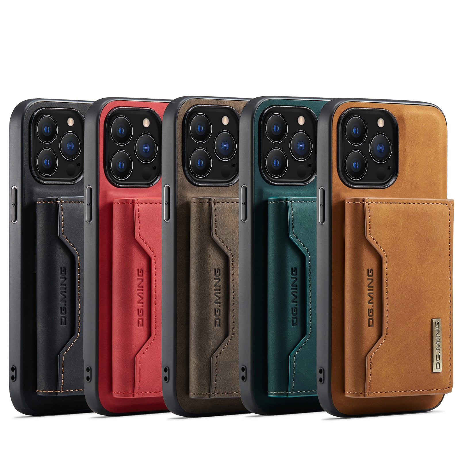 Five phone cases in black, red, brown, green, and tan with a visible brand logo on a white background.