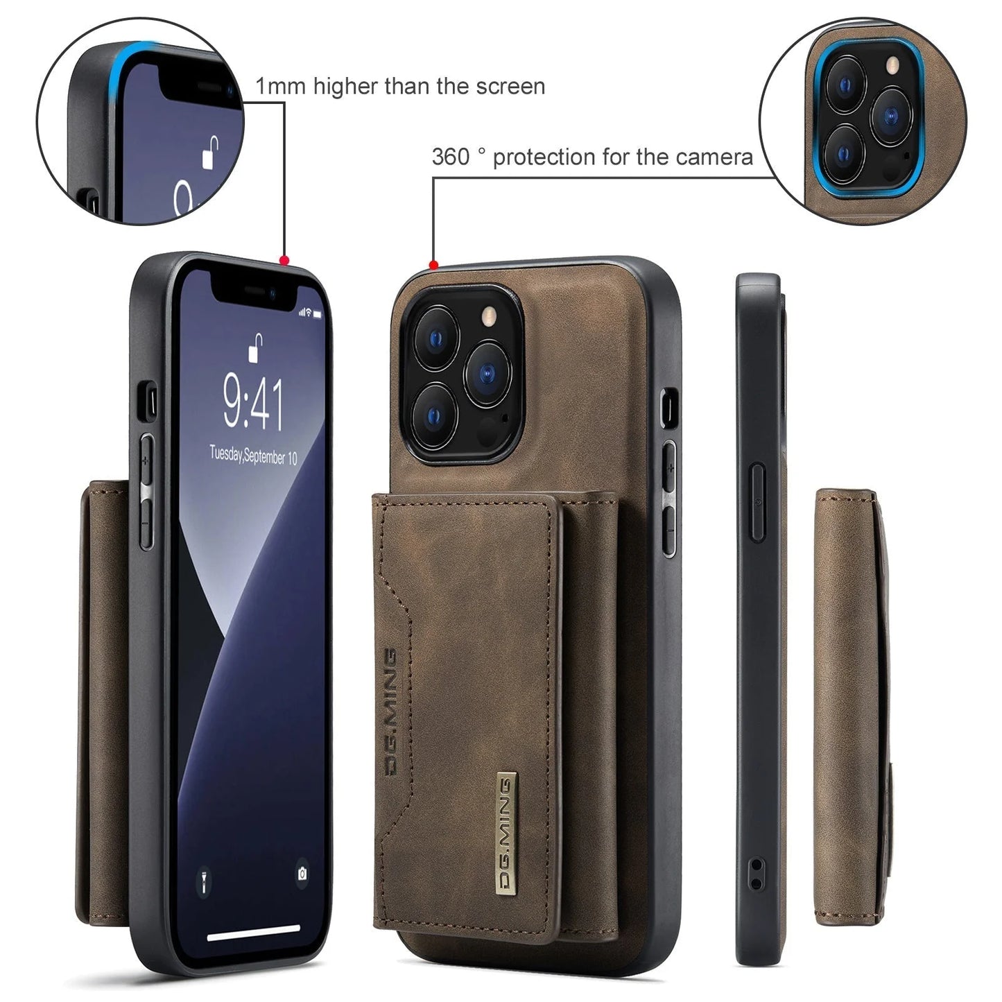Brown phone case with multiple angles and features highlighted on a white background